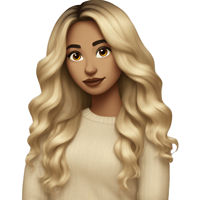 Mexican girl Blonde balayage long hair women beige sweater emoji