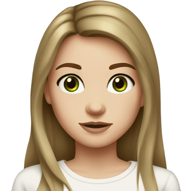 white girl. long brown hair with curtain bangs. freckles. long sleeve plain white shirt. gold necklace. dark green eyes. white shirt. emoji