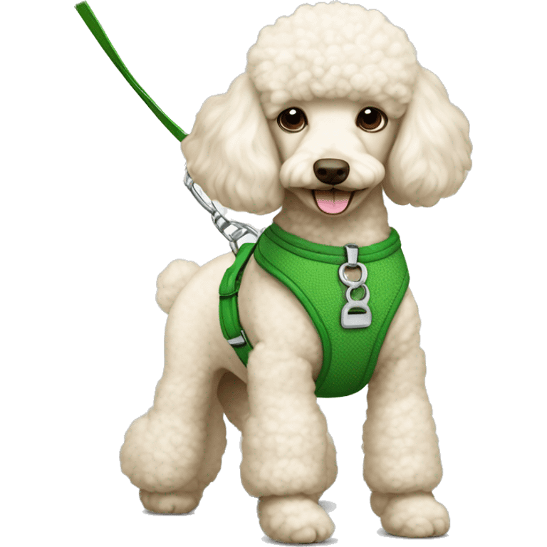 Cream poodle with a green harness and a green leash. emoji