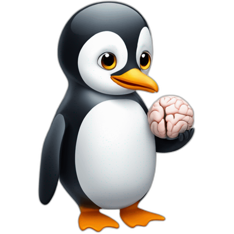 Penguin holding a brain on his hand emoji