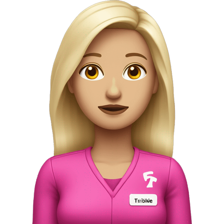 Mujer vestida con cabello rubio, piel blanca vestida con uniforme de T-Mobile, con cara triste emoji