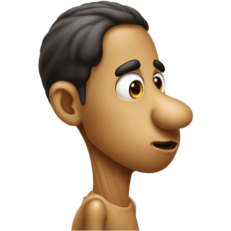 peanut head looking to the side with a a sharp long nose and a rat tail hair that is shor and don't move and has 1 big Hyperpigmentation dot on the side and eyes is do emoji