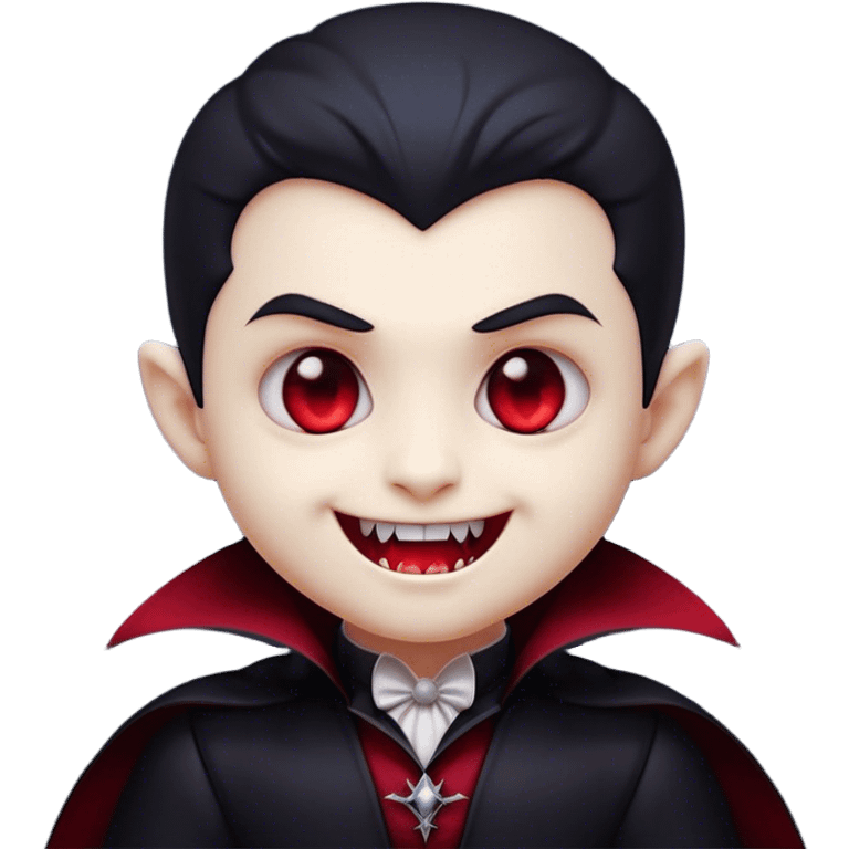 Cinematic Cute Vampire Portrait Emoji, with a refined yet playful small, rounded pale face accented by tiny, cute fangs and bright, twinkling eyes, sporting miniature elegant dark attire with a hint of crimson, simplified yet irresistibly charming, highly detailed with a soft glowing outline that captures the delightful duality of spooky sweetness and stylish allure! emoji