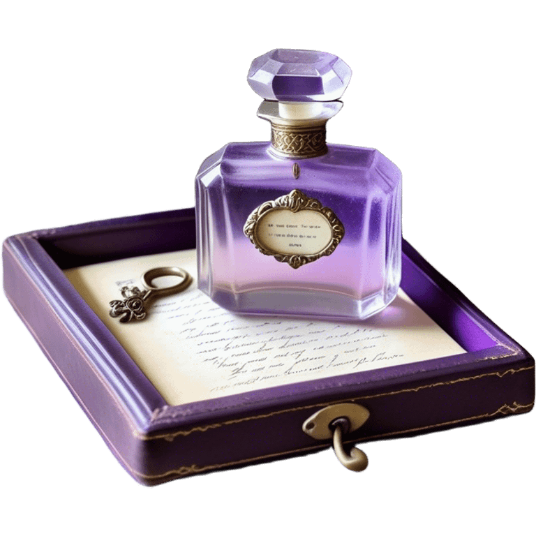 An ornate glass perfume bottle, filled with a delicate violet-hued elixir, rests on a lace-covered vanity tray, surrounded by pressed pansies in shades of lavender, plum, and amethyst, their petals softly curling with time. A worn leather-bound poetry book, its pages kissed with faded lilac ink, lies open beside it, exuding whispers of forgotten verses and fleeting romance emoji