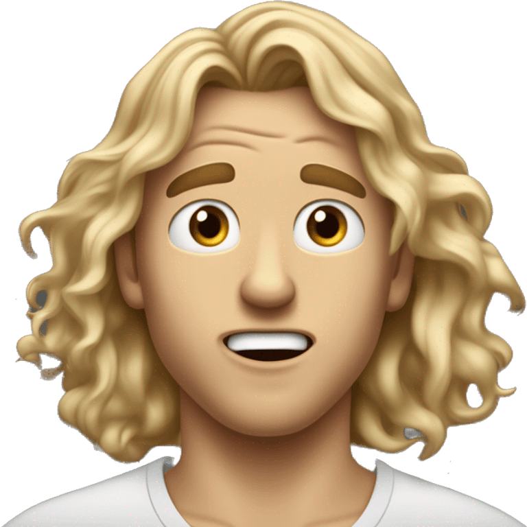 A handsome young man with long, wavy dirty-blonde hair cascading down past his shoulders, his face contorted in a look of utter shock and amazement, eyes wide open and mouth agape, appearing totally stunned and bewildered by something extraordinary emoji