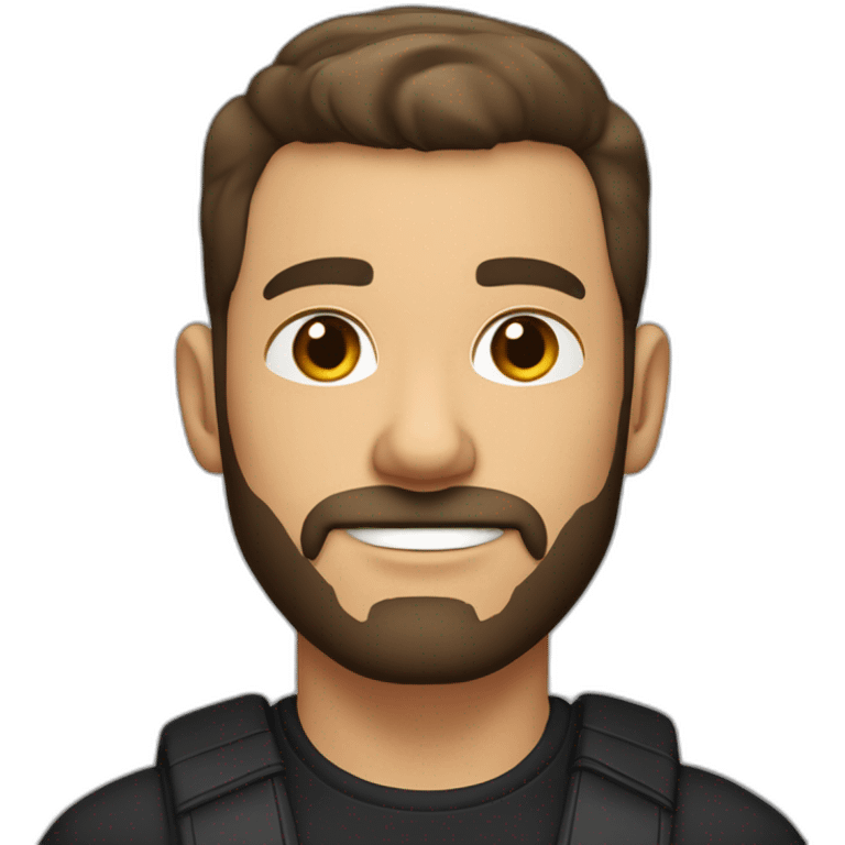 White man with slight sun kissed tan, dark brown eyes and undercut fade hairstyle. He has beard stubble and mustache trimmed. Black clothing, hair styled sideways backwards. emoji