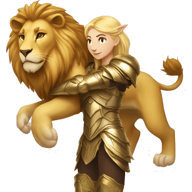 A lion leonin with golden armor hugging a female blonde elf  emoji