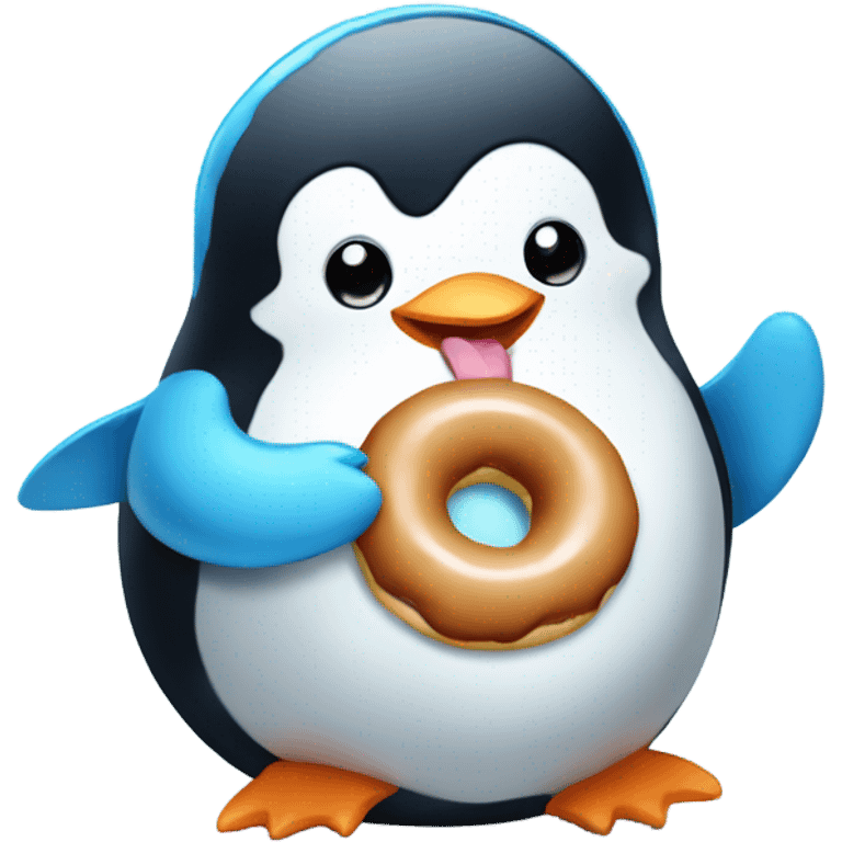 Cute baby penguin eating a donut with blue icing  emoji