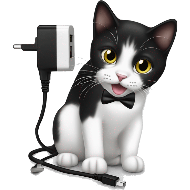 Black and white tuxedo cat eating an I phone charger  emoji