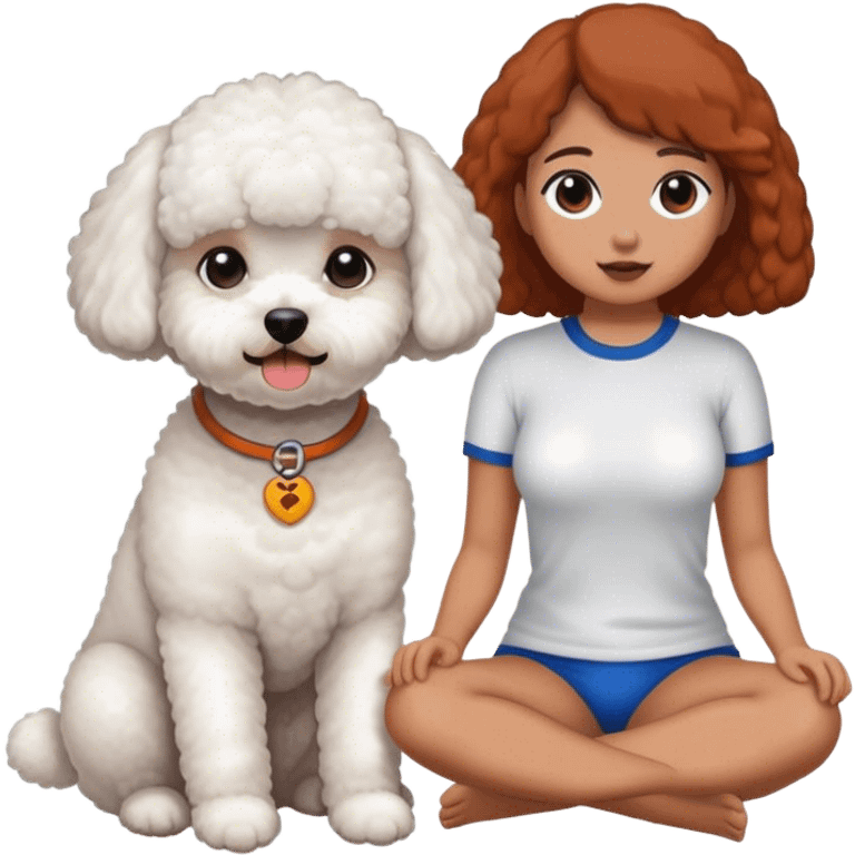 Bichon frise sitting next to a tanned girl emoji