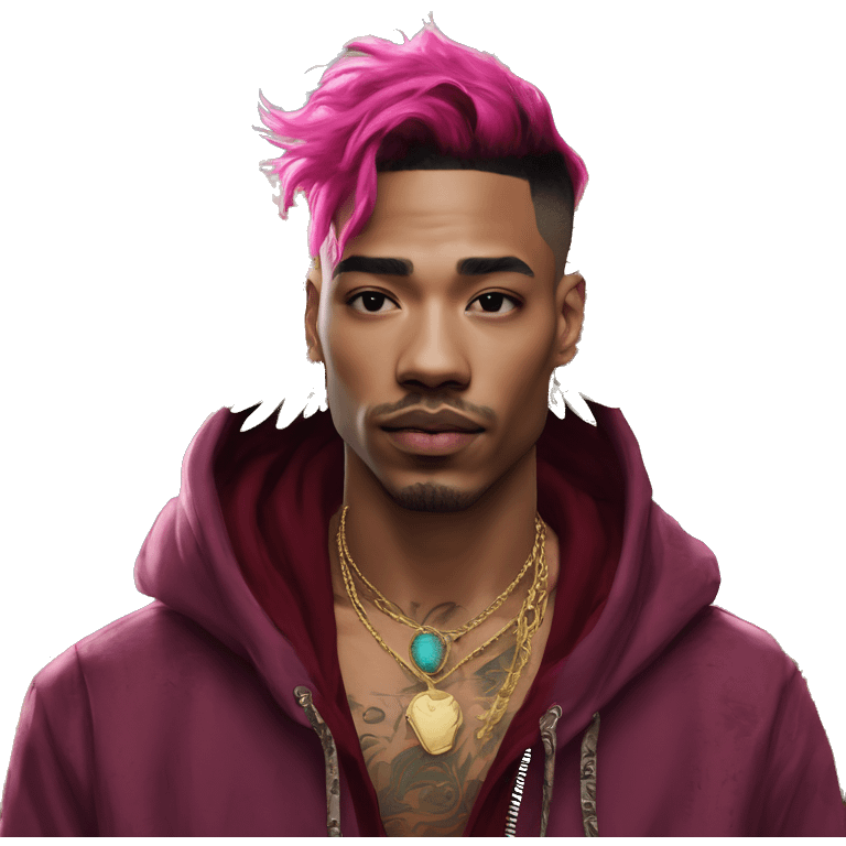 Vintage patina intricate swirls gold jewellery baroque raven wings angel tropical Deep pink maroon burgundy cyan dark hoodie man vitiligo dyed hair gold piercings nose piercing ear piercings emoji