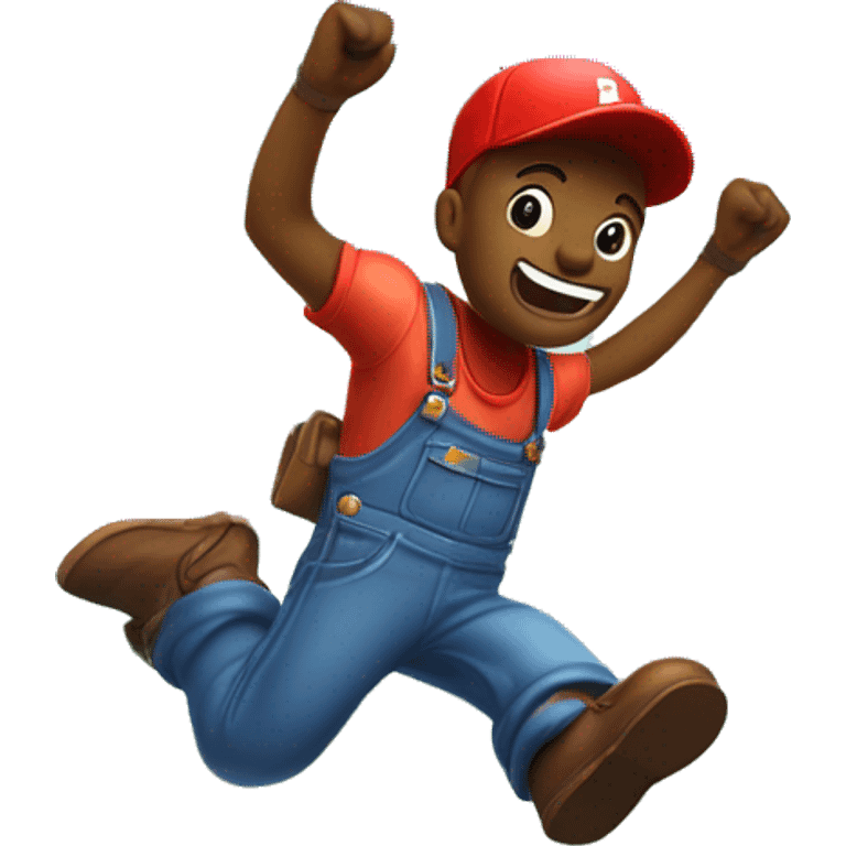 Create a cheerful character with a round face, red cap, blue overalls, and brown shoes, jumping in a vibrant fantasy landscape with green hills and floating blocks, evoking retro platformer games. emoji