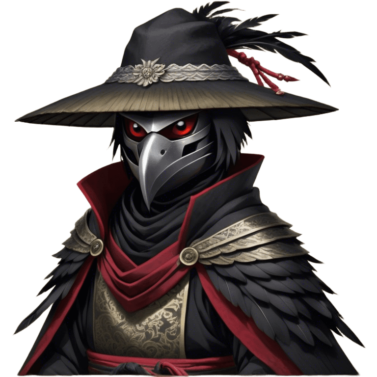 A fierce Kenku samurai with sleek black feathers, piercing crimson eyes glowing under the shadow of his straw hat. His sharp beak is partially covered by a black cloth mask, adding to his air of mystery. He wears layered black and crimson armor, intricate silver engravings etched into the metal plates. A long, tattered cloak billows behind him, worn from countless battles. His clawed hands grip the hilt of a curved katana, its polished blade reflecting the moonlight. Wisps of mist swirl around his taloned feet as he stands motionless emoji