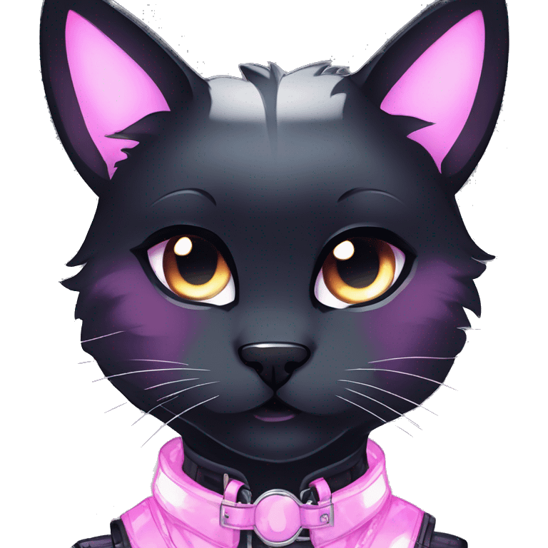 Gorgeous sparkly shiny gradient gothic dark techwear anime style anthro cat with blushing face aesthetic and pretty edgy black with collar and harness trending style emoji