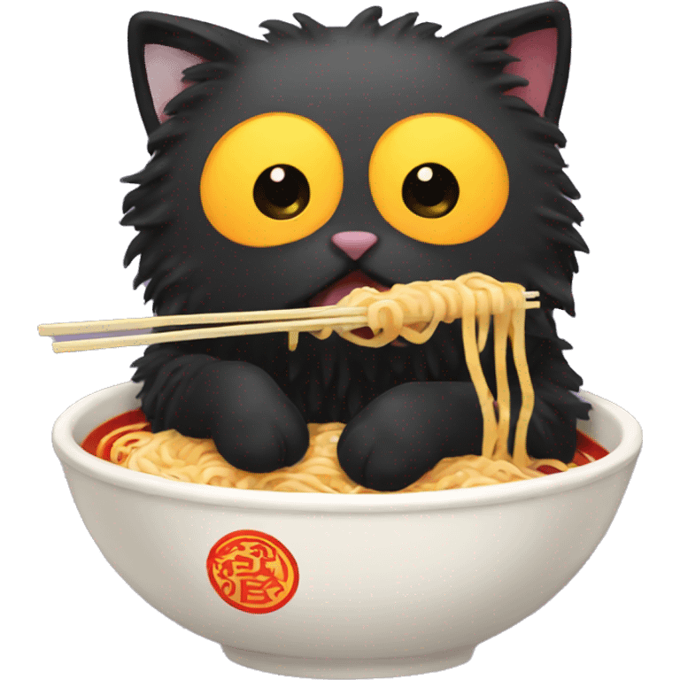 Black fluffy cat eating ramen emoji