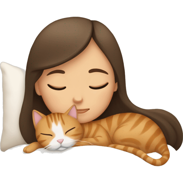 brunette girl sleeping with tan tabby cat  emoji