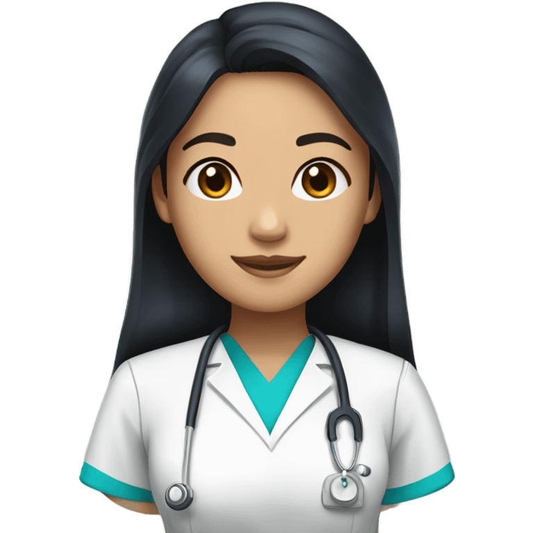 Asian nurse with long straight black hair and tan skin and clear glass in scrubs emoji