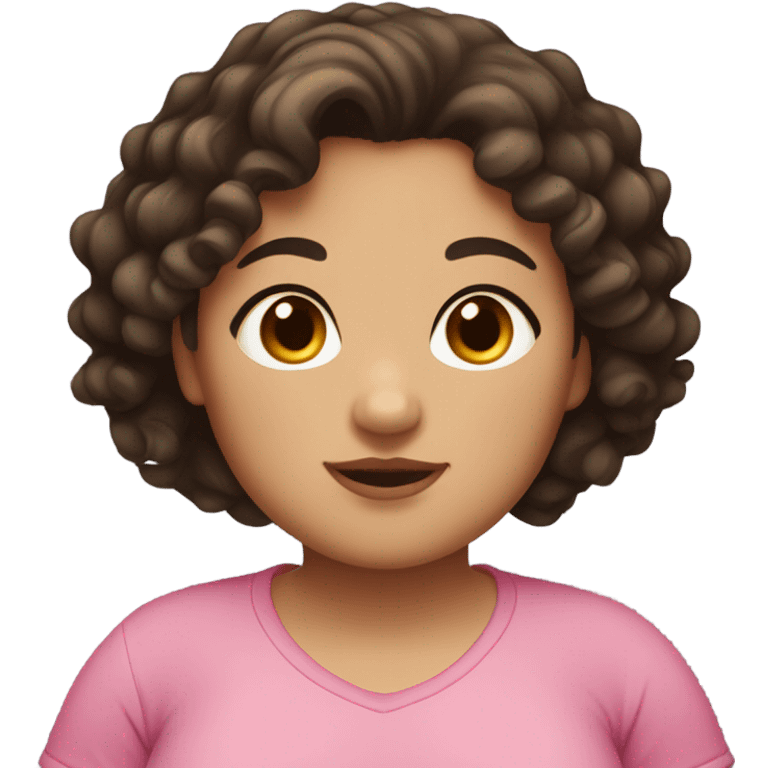 Short girl, chubby, dark brown medium length curly hair, brown eyes emoji