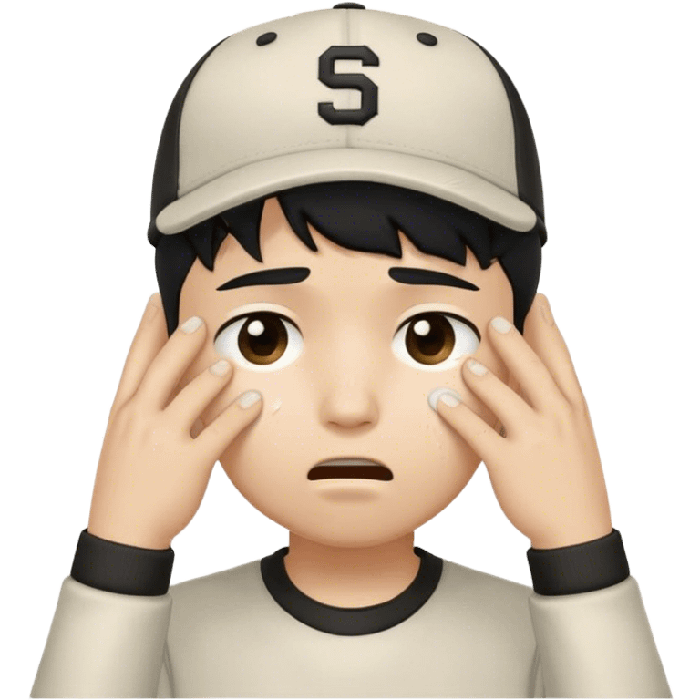 "Create an emoji of a student boy with short black hair wearing a baseball cap. He has a sad expression, and tears are streaming down his face. His hands are wiping his eyes in frustration. The boy is wearing a casual school outfit, like a hoodie or t-shirt, and the overall vibe is one of sadness, like he’s overwhelmed by schoolwork or something personal. The background is simple and neutral to keep the focus on his emotional expression. emoji