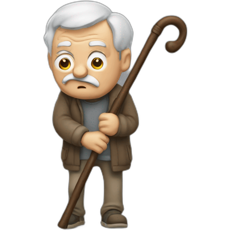 Old man leaning on a walking cane and holding his crancky back with his hand, grumpy face, detailed emoji