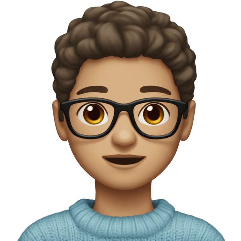 white light skin, long straight dark brown hair, light blue eyes, girl wearing aesthetic dark red sweater, glasses, emoji