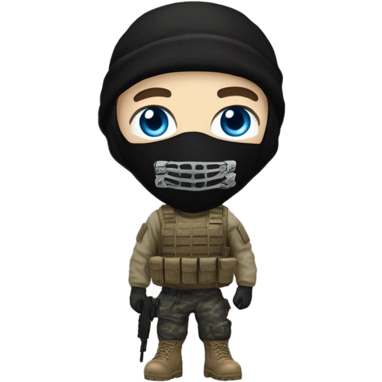 White male, call of duty black mask, camo tactical gear, tan combat boots, black beanie, blue eyes emoji