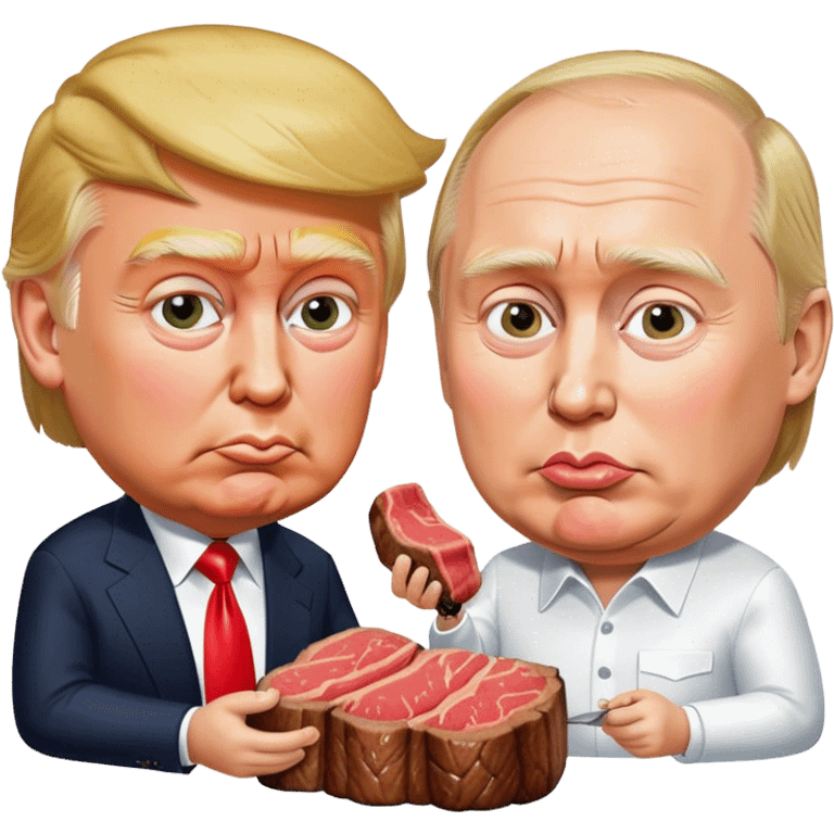 photorealistic Donald Trump and Putin eating a steak shaped like an piece of land emoji