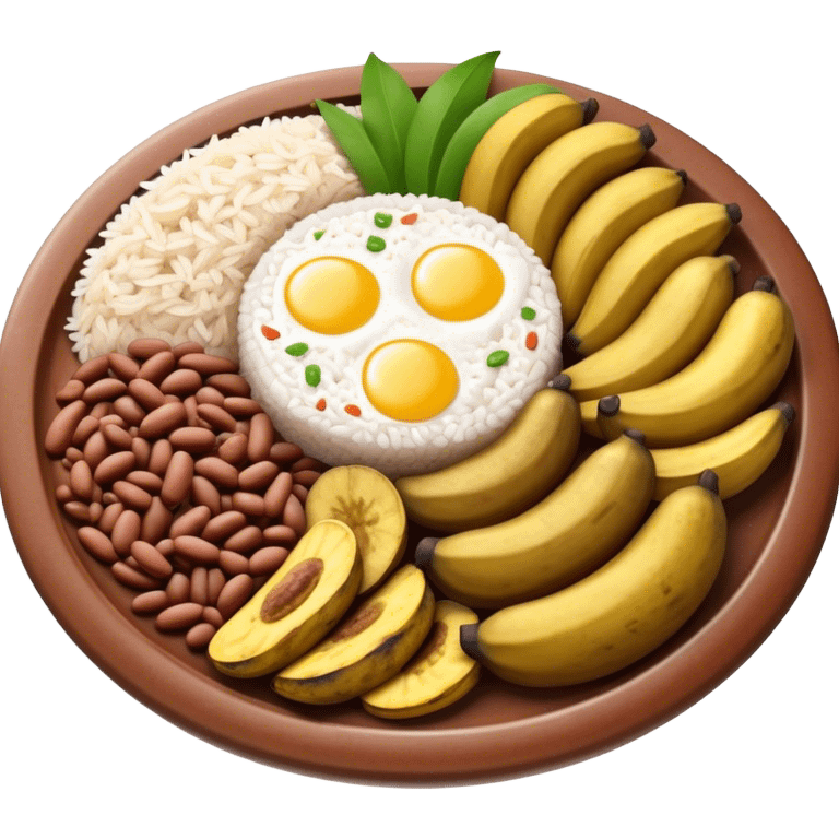 Cinematic Realistic Bandeja Paisa Dish Emoji, depicted as a hearty platter featuring beans, rice, meat, and plantains rendered with detailed textures and vibrant, robust lighting. emoji