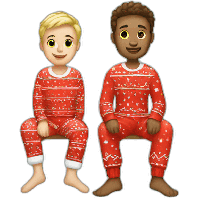 white gay couple sitting in christmas pajamas emoji