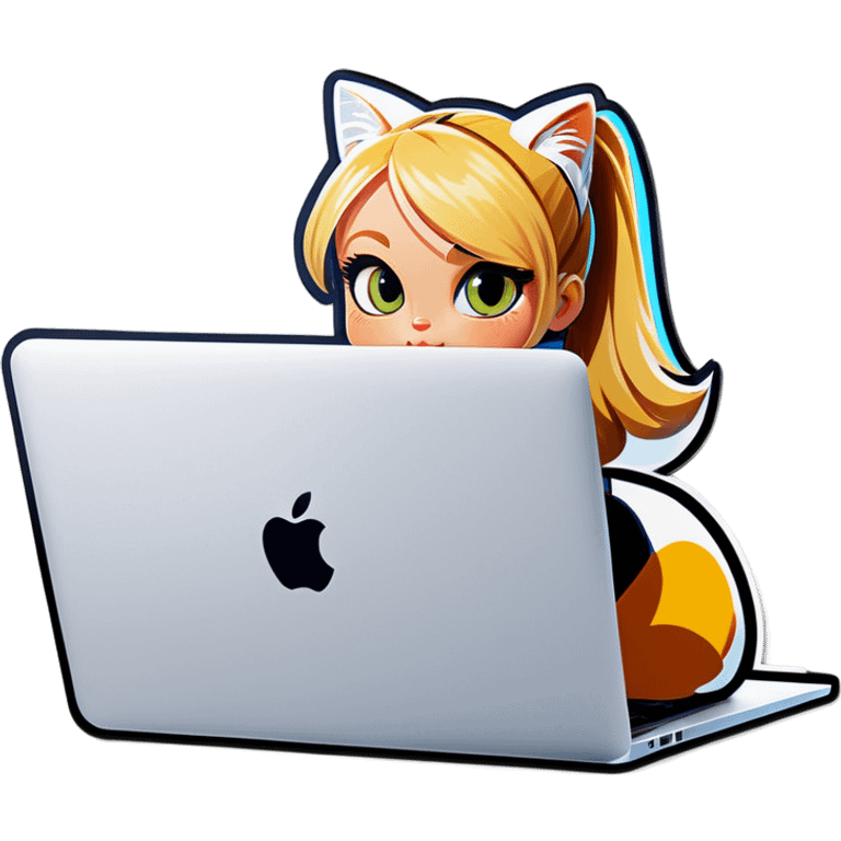 Blonde girl ponytail macBook and a cat emoji