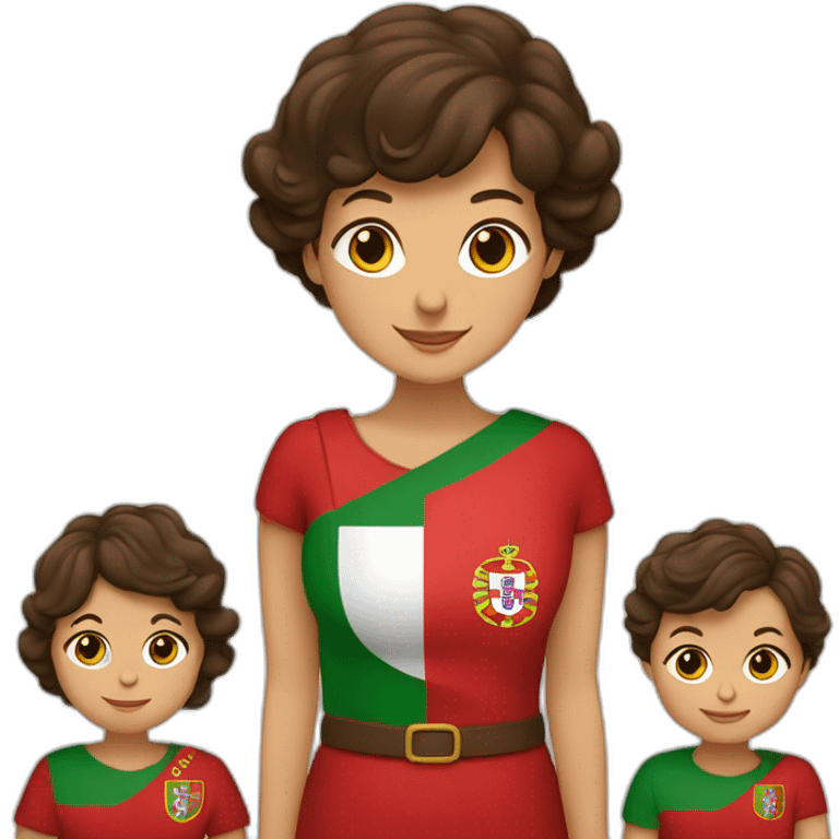 Une grand-mère brune, deux enfants bruns et le drapeau du Portugal en forme de cœur emoji