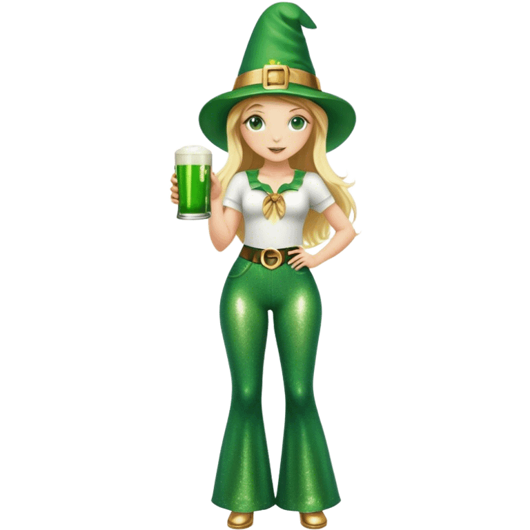 Blonde haired girl in glittery green bell bottoms and tall leprechaun hat holding a green beer emoji