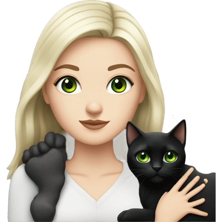 White girl with black hair with a black cat with green eyes  emoji