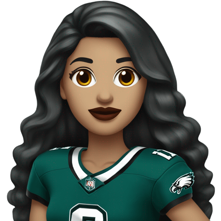 White female long dark hair red lips wearing Philadelphia Eagles jersey emoji