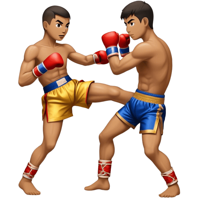 Cinematic Realistic Muay Thai Pop Culture Emoji, depicted with an action-packed portrayal of traditional Thai boxing rendered with bold textures and energetic, dramatic lighting. emoji