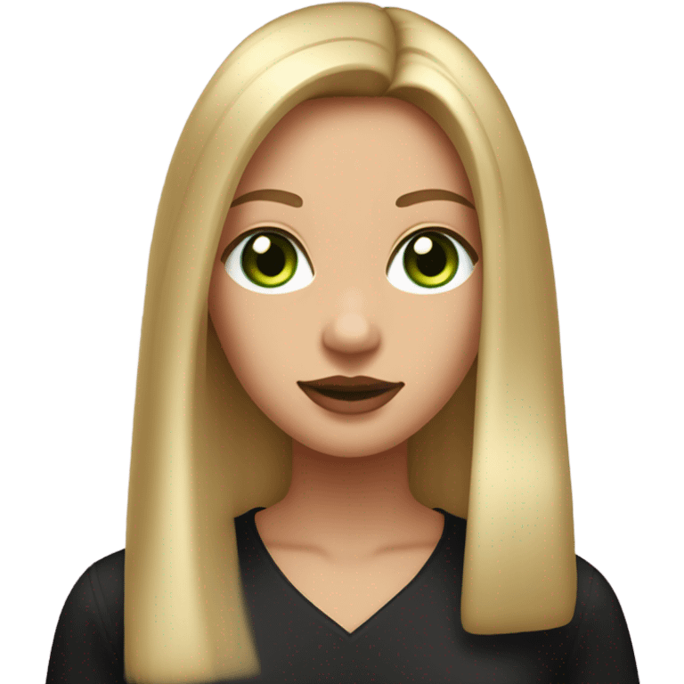 Long, straight blonde hair, parted down the middle, girl, wearing black satin shirt, light tan glowy skin, green eyes and rosy cheeks with light mauve lipstick emoji