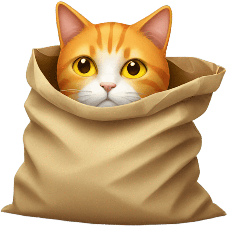 Orange cat with yellow eyes hiding inside of a bag emoji