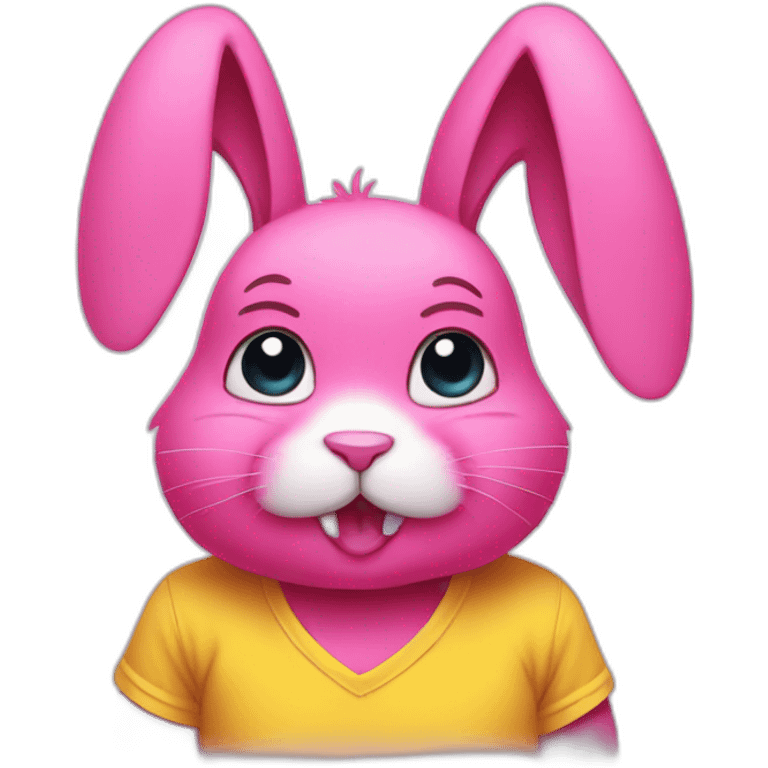 Pink rabbit with tears, wears yellow teeshirt emoji