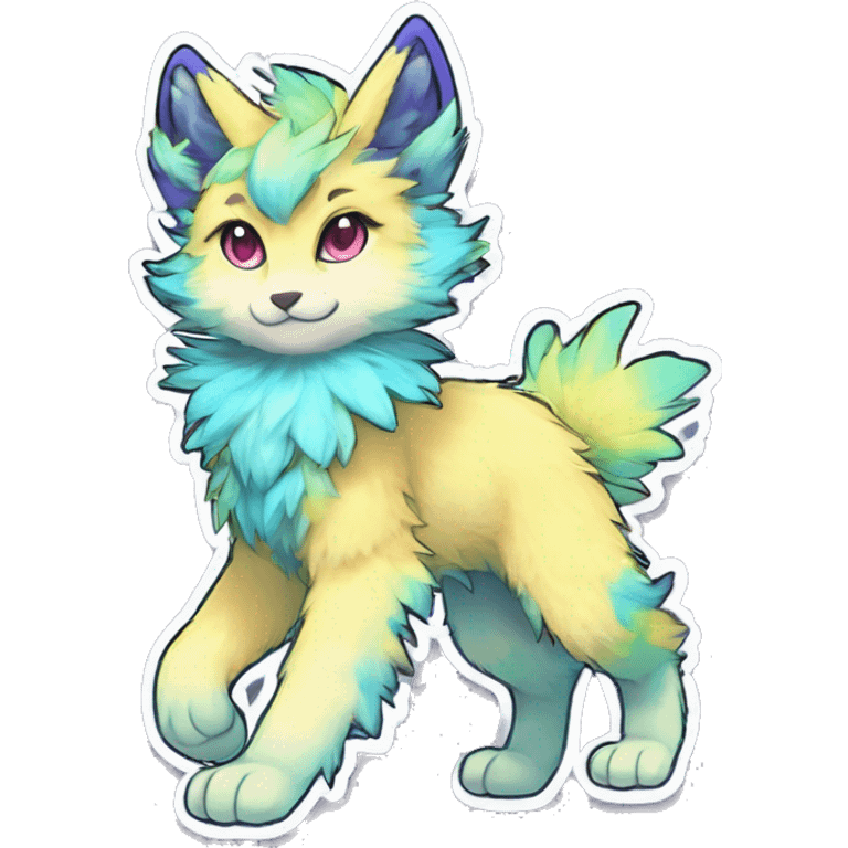 Anthro Fluffy Cool Cute Magical Elemental Shiny Colorful Neon Vibrant Colors Sparkle Kemono-style Chibi Fantasy-Animal-Fakémon-Pokémon-Hybrid Fur Sona Aesthetic Full Body Sticker emoji