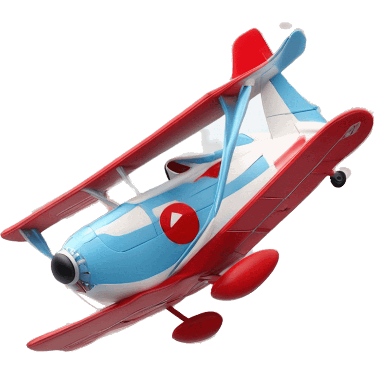 Un avion de dessin animé rouge et blanc volant à travers des nuages floconneux dans un ciel bleu clair. La scène est encadrée par une bordure circulaire, avec un style d'animation 3D ludique. emoji