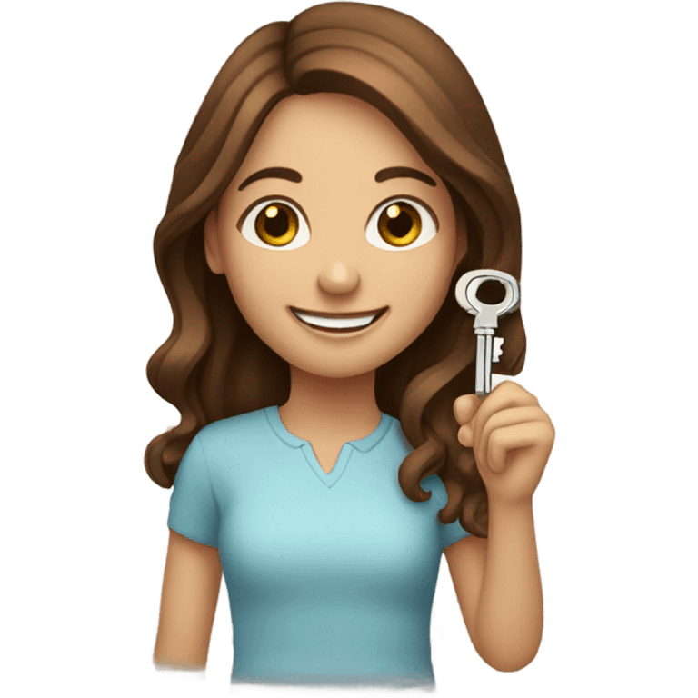 smiling girl with brown hair holding a house key emoji