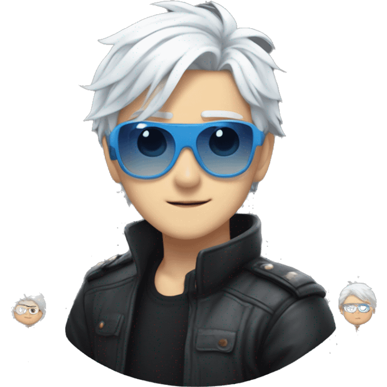 Gojo satoru, a 28 year old japanese man with messy white hair wearing a black high collar jacket, a pair of blue aviators, and has blue eyes  emoji