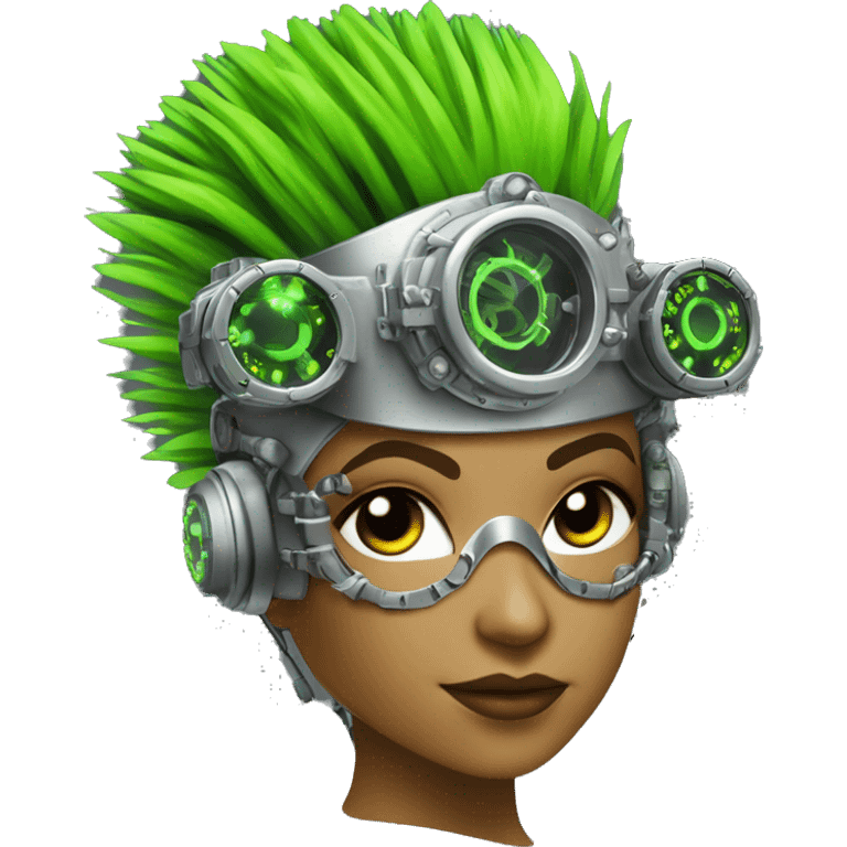 Neon green Mohawk hair Latina female cyborg head with silver steampunk goggles and circuits emoji