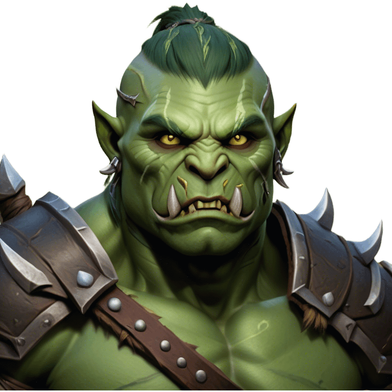 Cinematic Realistic WoW Orc Warrior Portrait, head tilted epicly and inquisitively, showcasing a commanding presence and raw, unyielding power. His battle-hardened green skin and muscular form, accented by meticulously crafted tribal armor in deep earthy hues, are rendered with lifelike clarity and dynamic lighting, high shine, epic and awe-inspiring, embodying the relentless spirit of an orc warrior ready for battle. emoji