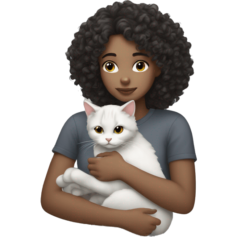 White Girl dark curly hair cuddling with grey cat emoji