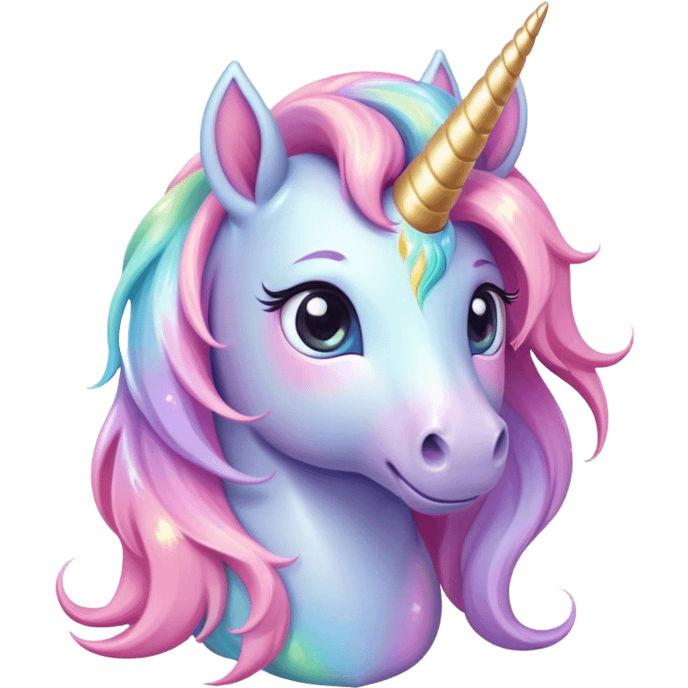 Cinematic pastel-colored unicorn, flowing iridescent mane, big sparkling eyes, tiny rounded hooves, soft chubby cheeks, delicate magical glow surrounding, enchanting and dreamy. emoji