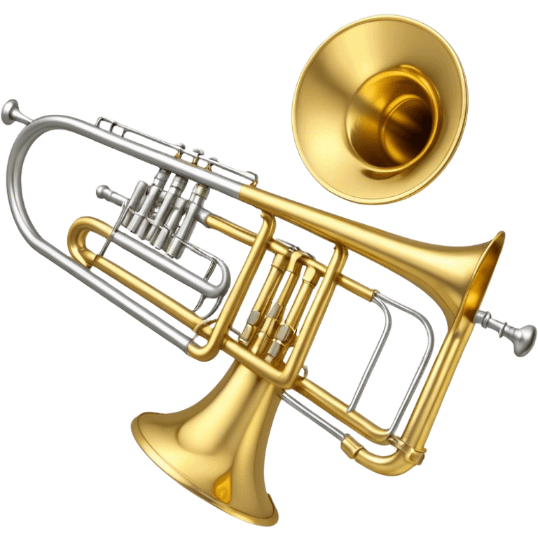 Create a refined emoji representing a trombone. The design should feature a gleaming trombone with its characteristic sliding mechanism and bell. Add musical notes flowing around the instrument to evoke its sound in a band or orchestra setting. Use gold, brass, and silver to highlight its professional appearance. The background should be transparent. emoji