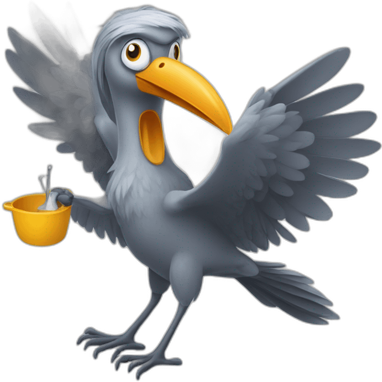 A shoebill flying with kitchen equipment emoji