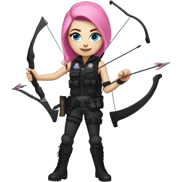 girl, white skin, tactical vest, dark pants, pink hair, blue eyes, black beanie hat with crescent moon on front, black combat boots, bow and arrow emoji