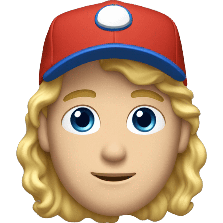 blonde wavy hair man with blue eyes and red t-shirt and sideways baseball cap emoji